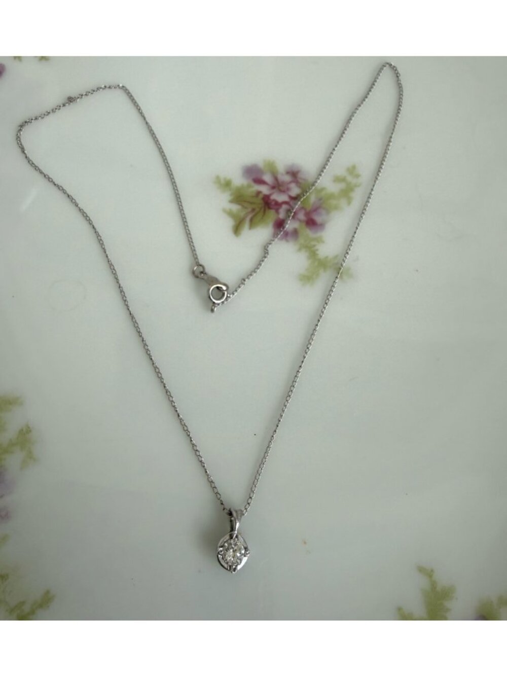 VIntage 50's 14K White Gold Diamond Solitaire Pendant Necklace Midcentury JMS